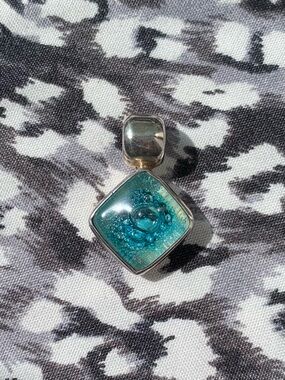 Vintage Sterling Silver Teal Blue Green Glass Bubble Pendant